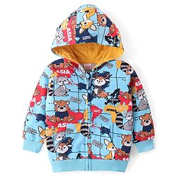 Babyhug Cotton Knit Full Sleeves Front Open Hooded Sweatjacket with Animals Print & Kangaroo Pockets - Blue