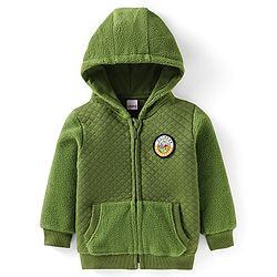 Babyhug Cotton Knit Full Sleeves Hooded Sweat Jacket With Text Badge & Kangaroo Pockets - Green