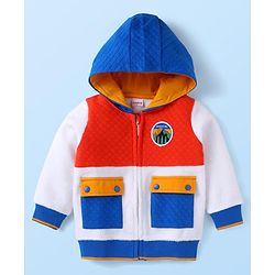 Babyhug Fleece Knit Full Sleeves Hooded Sweat Jacket With Colour Block Design & Text Patch - White