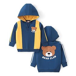 Babyhug Cotton Knit Full Sleeves Hooded Sweatshirt with Cut & Sew Design & Front Back Bear Embroidery - Blue