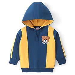 Babyhug Cotton Knit Full Sleeves Hooded Sweatshirt with Cut & Sew Design & Front Back Bear Embroidery - Blue