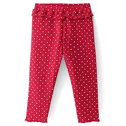 Babyhug Cotton Lycra Full Length Leggings With Polka Dot Print & Frill Detailing - Pink