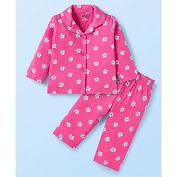 Babyhug Cotton Knit  Full Sleeves Floral Printed Night Suit - Dark Pink