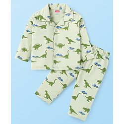 Babyhug Cotton Knit Full Sleeves Dino Printed Night Suit - Light Green