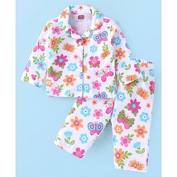 Babyhug Cotton Knit Full Sleeves Collar Neck Night Suit with Floral Print - White