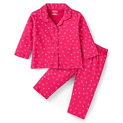 Babyhug Cotton Knit Full Sleeves Heart Printed Night Suit - Dark Pink