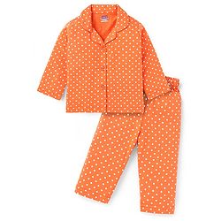 Babyhug Cotton Knit Full Sleeves Night Suit with Polka Dots Print - Orange