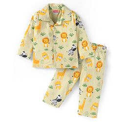 Babyhug Cotton Knit Full Sleeves Collar Neck Night Suit with Animals Print - Light Green