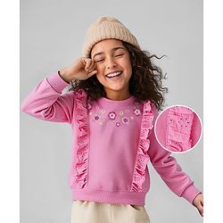 Babyhug Cotton Knit Full Sleeves Pullover Sweatshirt with Floral Embroidery & Frill Detailing - Pink