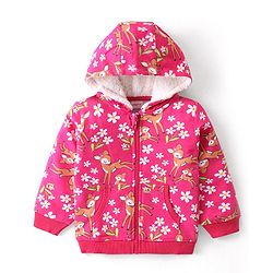 Babyhug Cotton Knit Full Sleeves Front Open Hooded Sweatjacket with Deer Print & Kangaroo Pockets - Pink