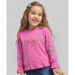 Babyhug Cotton Knit Full Peasant Sleeves Sweatshirt With Floral Embroidery & Foil Print - Dark Pink