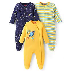 Babyhug Cotton Knit Full Sleeves Sleep Suits With Space Theme Print Pack of 3 - Yellow Navy Blue & Green