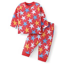 Babyhug Cotton Knit Full Sleeves Night Suit with Star Print - Red