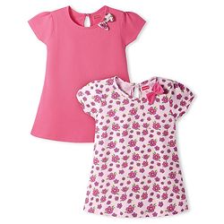Babyhug Single Jersey Knit Half Sleeves Frocks With Floral Print & Bow Applique Pack of 2 - Dark Pink & Light Pink