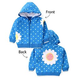 Babyhug Cotton Knit Full Sleeves Front Open Hooded Sweatjacket with Polka Dots Print & Floral Embroidery - Blue