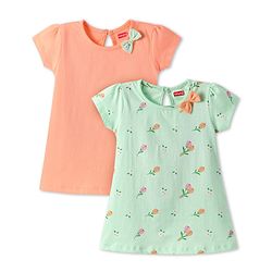 Babyhug Single Jersey Knit Half Sleeves A Line Frocks with Bow Applique Pack of 2 - Peach & Mint