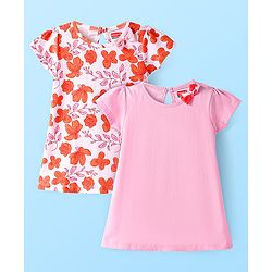 Babyhug Single Jersey Knit Half Sleeves Dresses With Floral Print & Bow Applique Pack of 2 - Pink & White