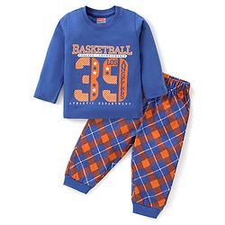 Babyhug Cotton Knit Full Sleeves Night Suit With Varsity Theme Print - Blue
