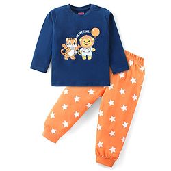 Babyhug Cotton Knit Full Sleeves Night Suit With Animals & Stars Print - Blue & Orange