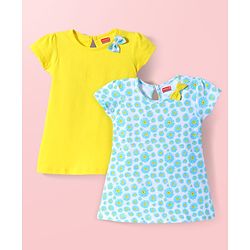 Babyhug Single Jersey Knit Half Sleeves Solid & Floral Printed A Line Frocks with Bow Applique Pack of 2 - Yellow & Light Blue