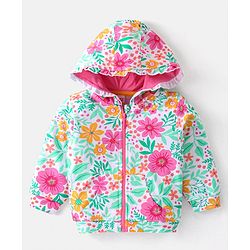 Babyhug Cotton Knit Full Sleeves Front Open Hooded Sweatjacket with Floral Print & Kangaroo Pockets - Pink