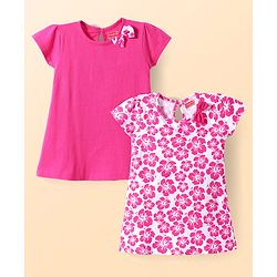 Babyhug Single Jersey Knit Half Sleeves Solid & Floral Printed A Line Frocks with Bow Applique Pack of 2 - Dark Pink & White