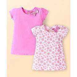 Babyhug Single Jersey Knit Half Sleeves Solid & Floral Printed A Line Frocks with Bow Applique Pack of 2 - Pink & White