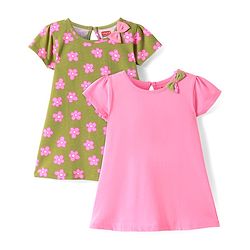 Babyhug Single Jersey Knit Half Sleeves Dresses With Floral Print & Bow Applique Pack of 2 - Olive Green & Pink