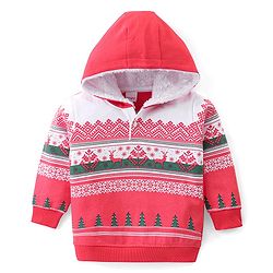 Babyhug Cotton Knit Full Sleeves Hooded Sweatshirt With Reindeer Design - Pink & White