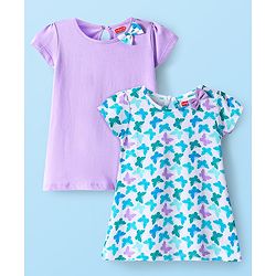 Babyhug Single Jersey Knit Half Sleeves Dresses With Butterfly Print & Bow Applique Pack of 2 - Mauve & Blue