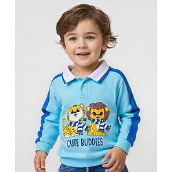 Babyhug Cotton Knit Full Raglan Sleeves Collar Neck Sweatshirt with Tiger Print - Blue