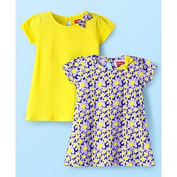 Babyhug Single Jersey Knit Half Sleeves Dresses With Floral Print & Bow Applique Pack of 2 - Neon Green & Navy Blue