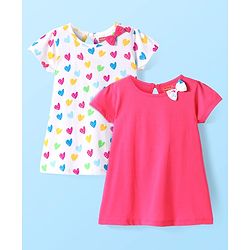 Babyhug Single Jersey Knit Half Sleeves Dresses With Heart Print & Bow Applique Pack of 2 - White & Dark Pink