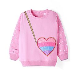Babyhug Cotton Knit Full Sleeves Sweatshirt with Sequinned  Bag Design & Glitter Heart Print -  Pink