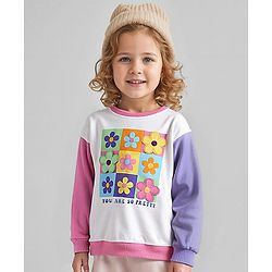 Babyhug Cotton Knit Full Sleeves Sweatshirt with Floral Print - White & Pink