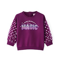 Babyhug Cotton Knit Drop Shoulder Full Puff Sleeves Sweatshirt With Polka Dot Print & Sequin Embroidery - Wine
