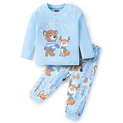 Babyhug Cotton Knit Full Sleeves Night Suit with Bear & Deer Print - Blue