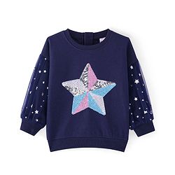 Babyhug Cotton Knit Full Sleeves Drop Shoulder Sweatshirt with Sequin Embroidery & Star Detailing - Navy Blue