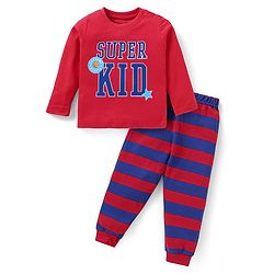 Babyhug Cotton Knit Full Sleeves Night Suit with Text & Stripe Design -Red & Navy