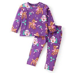 Babyhug Cotton Knit Full Sleeves Night Suit With Deer Print - Purple