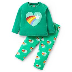 Babyhug Cotton Knit Full Sleeves Night Suit with Heart Print - Green