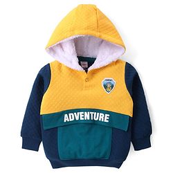 Babyhug Fleece Knit Full Sleeves Hooded Sweatshirt With Quilted Cut & Sew Design & Animal Patch Applique - Mustard