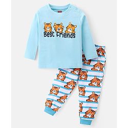 Babyhug Cotton Knit Full Sleeves Night Suit With Tiger Print - Blue