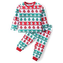 Babyhug Cotton Knit Full Sleeves Night Suit with Christmas Theme Print - White