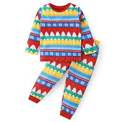 Babyhug Cotton Knit Full Sleeves Night Suit with Christmas Theme Print - White