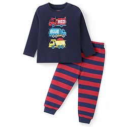 Babyhug Cotton Knit Full Sleeves Night Suit With Stripes & Trucks Print - Navy