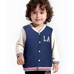 Babyhug Cotton Knit Full Sleeves Bomber Jacket With Text Print - Navy Blue