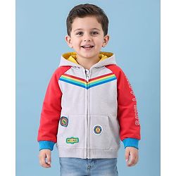 Babyhug Cotton Knit Full Raglan Sleeves Hooded Sweatjacket With Patch Appliques & Kangaroo Pockets - Grey