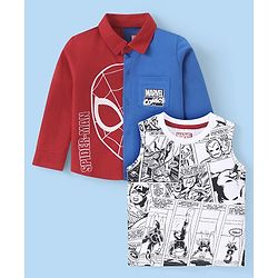 Babyhug Marvel Single Jersey Cotton Knit Full Sleeves Spider-man Graphics and Pocket Detailing Shirt With T-shirt - Red