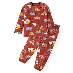 Babyhug Cotton Knit Full Sleeves Night Suit with Animal Print - Maroon
